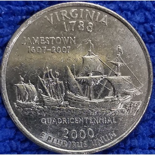 เหรียญ​สหรัฐอเมริกา​ USA, 1​ Quarter, (Virginia), #​1726E, ชุด​ State Quarter,​ใช้แล้ว