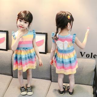 เดรสเด็กผู้หญิง แถบสีรุ้ง ชุดเจ้าหญิงไม่มีแขน คุณภาพสูง แฟชั่นน่ารัก