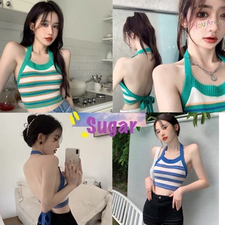 Sugar 🌈พร้อมส่ง🌈 เสื้อสายเดี่ยวคล้องคอ เปิดหลัง สายเดี่ยวผู้หญิงลายทาง(8818)