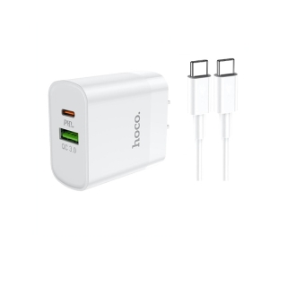 Hoco ชุดหัวชาร์จเร็ว 2USB (PD +QC3.0 USB ) ขาแบนUS set พร้อมสายชาร์จ Fast Charge Huawei samsung xiaomi oppo C80 Series