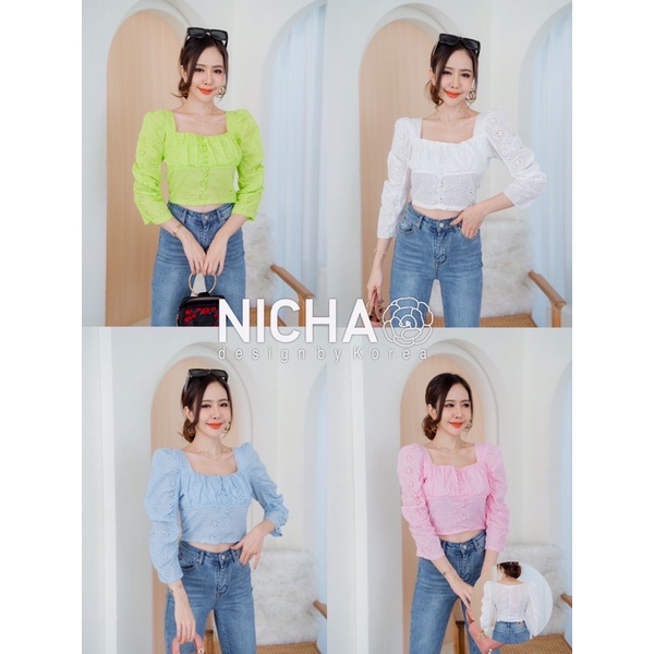 NICHA online🛒เสื้อครอปผ้า ZARA cottonเนื้อนุ่ม ลายฉลุดอกไม้ ดีไซน์น่ารักแขนยก ตกแต่งกระดุมมุกตามสีผ้า สีพาสเทลสุดฮิต