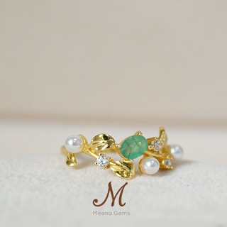 Meena Gems แหวนพลอยมรกตแท้ พลอยดิบสีธรรมชาติ  ตัวเรือนเงินแท้925ชุบทอง แหวนพลอยแท้เสริมดวง พลอยประจำวัน