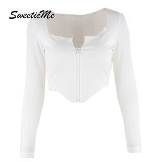 Sweeticme ใหม่ เสื้อยืดลําลอง แขนยาว สีพื้น ทรงสลิมฟิต เซ็กซี่ แฟชั่นสําหรับสตรี 2022