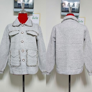 เสื้อโค๊ทไหมพรมกันหนาว ผ้าเนื้อหนา สีเทา