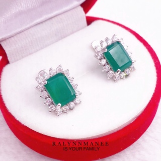 Q6425 ต่างหูพลอยโมราแท้ ( Chrysoprase ) แบบอิงลิชล็อค ตัวเรือนเงินแท้ 925 ชุบทองคำขาว