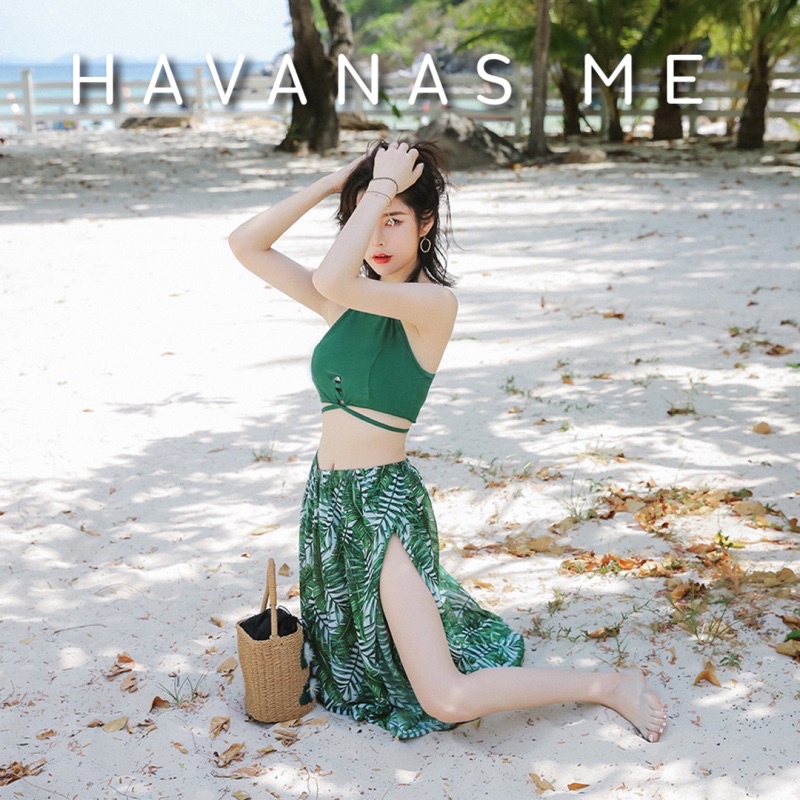 HAVANAS ME ชุดว่ายน้ำสีเขียว ลายใบไม้ Tropical มี3ชิ้น เสื้อ กางเกง ผ้าคลุม Bikini fashion 2020