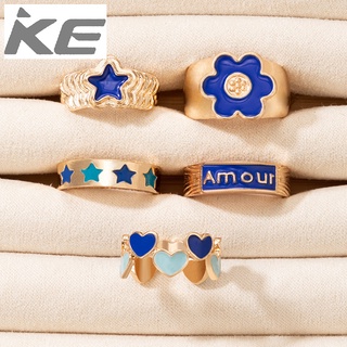 Popular Jewelry Blue Drop Alloy Ring Five-piece Set Flower Star Love Letter Ring Set for girls