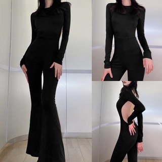 Women Flare Leg Jumpsuit, Fashion Long Sleeve Backless Solid Color Bodycon Romper Pants