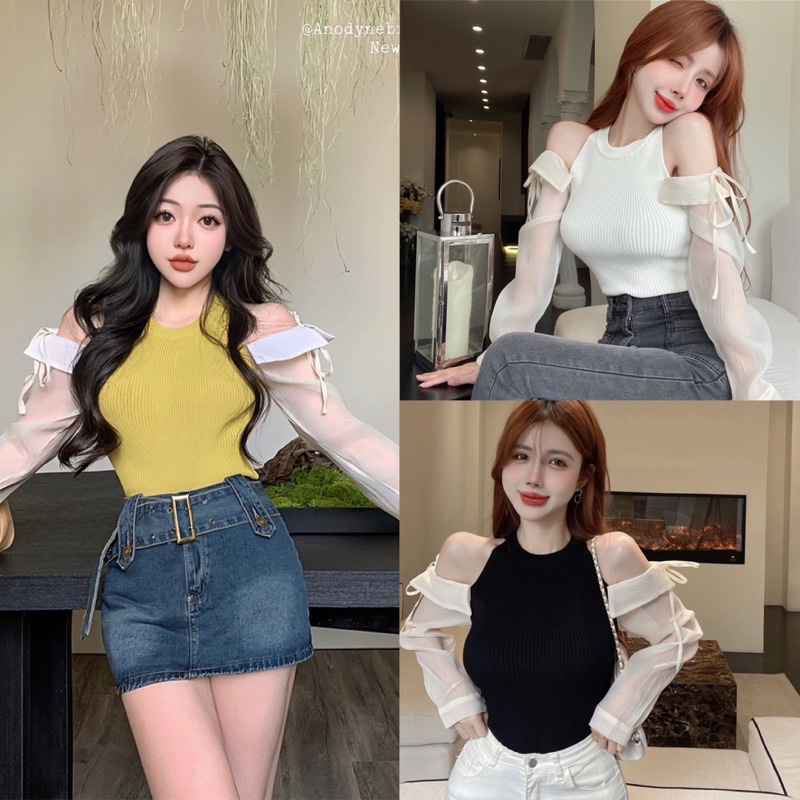 🖤💚🤍เสื้อไหมพรม ต่อแขนซีทรู เว้าไหล่ มี3สี ขาว-ดำ-เขียว 02OCT22