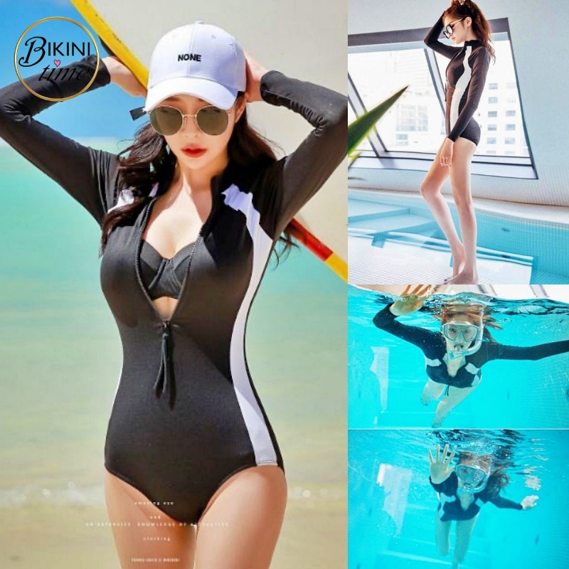🏖BikiniTime (M-XL) SB16 บิกินี่ วันพีซชุดว่ายน้ำแขนยาวกันยูวี สีดำแถบขาว พร้อมสปอร์ตบรา กระชับหุ่นสวย ชุดว่ายน้ำผู้หญิง
