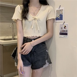 Korean 🍓 เสื้อไหมพรมผูกโบ 🍓 แขนระบายชายระบาย ไหมพรมเนื้อดี น่ารักวัยใสๆ 7516