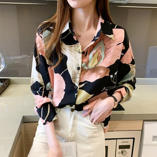 Autumn long-sleeved womens blouse, chiffon western style small shirt, age reduction printing shirt