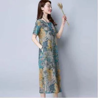 เดรสยาวผาลนน เดรสสาวอวบ M-4XL เดรสลายดอก คอกลมแขน สน ชดเดรสกระโปรงผหญง