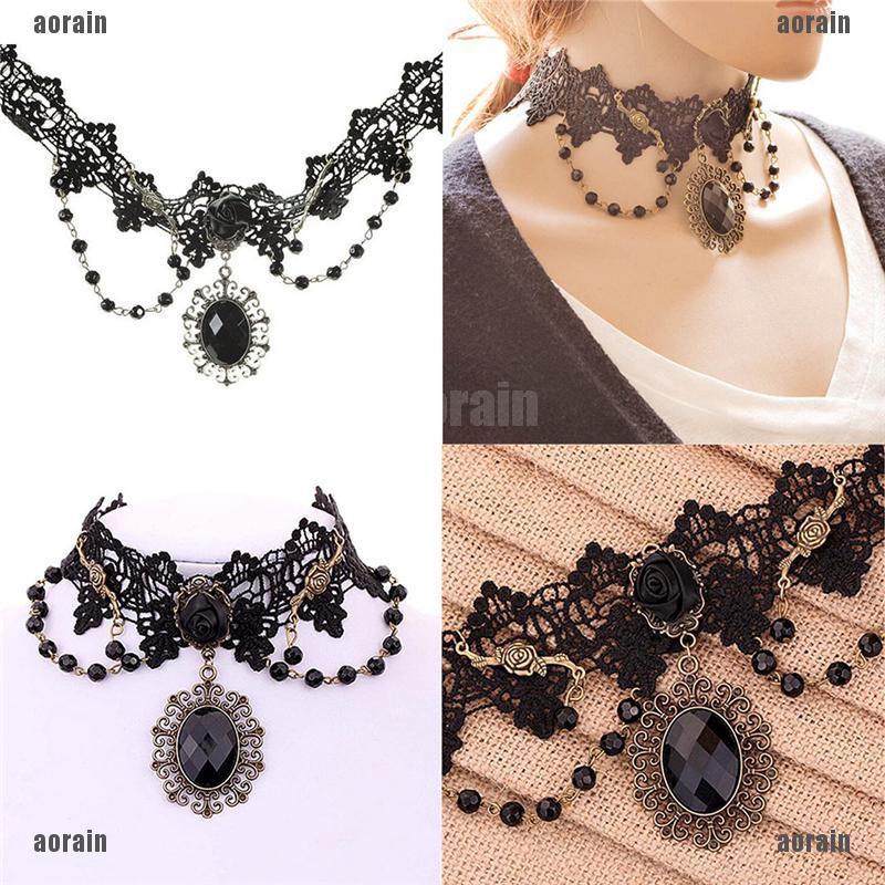 AG Fashion Lolita Gothic Black Rose Flower Lace Choker Collar Necklace ...