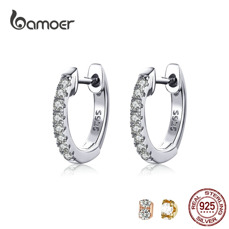 Bamoer Hoop ต่างหูสําหรับผู้หญิงแท้ 925 เงินสเตอร์ลิง Gold Rose Gold Silver สี SCE498