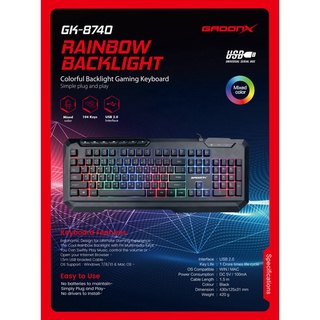 Keyboard gaming ยี่ห้อGADONX รุ่น GK-8740 คีย์บอร์ดเกมมิ่งมีไฟ Rainbow Backlight