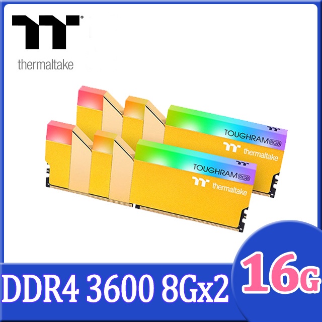 16GB (8GBx2) DDR4 3600MHz RAM (แรมพีซี) THERMALTAKE TOUGHRAM RGB METALLIC GOLD (RG26D408GX2-3600C18A)