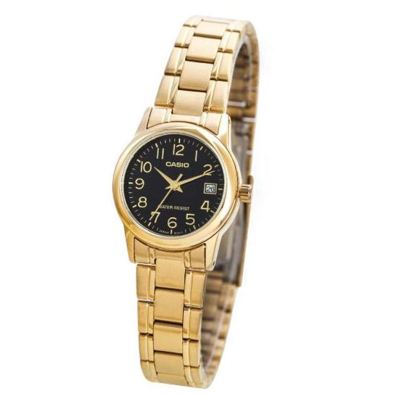 Casio Standard รุ่น LTP-V002G-1B นาฬิกาข้อมือผู้หญิง สายสแตนเลสสีทอง/หน้าปัดดำ (สินค้าของแท้ 100% ประกันศูนย์ 1 ปี)