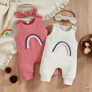 JOP7-Baby Girl Bodysuit, Sleeveless Cartoon Rainbow Pattern Round Neck Buttons Embellishment Ribbed Romper