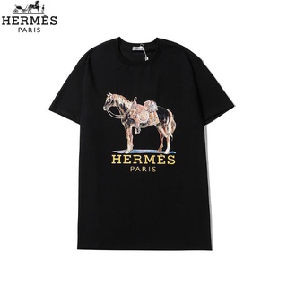 แฟชั่นผ้าฝ้ายคลาสสิก HERMES พิมพ์เสื้อยืดแขนสั้น unisex )xy