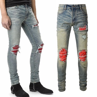 AMIRI red printed pleated patch ripped hole distressed stretch slim light color jeans