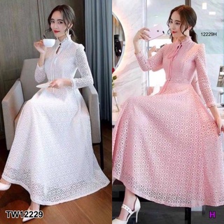 B12229 แม็กซี่เดรสลูกไม้แขนยาว คอจีนหยักผูกโบว์ long sleeve lace maxi dress Chinese neck wavy bow tie