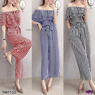 SK7133 Jumpsuit จั้มสูทปาดไหล่ ระบายอกขายาว เนื้อผ้าโฟร์เวย์ลายริ้ว รอบเอวยืดสม็อค มีกระเป๋าล้วง 2 ข้าง + สายผูกเอว