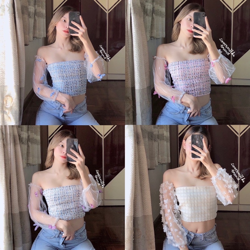 Covermilks เกาะอกผ้าTweed ผีเสื้อ+ดอกไม้