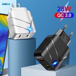 อะแดปเตอร์ชาร์จโทรศัพท์มือถือ 28W พร้อมไฟ QC3.0+2.1A Dual USB US ปลั๊ก EU สําหรับเดินทาง