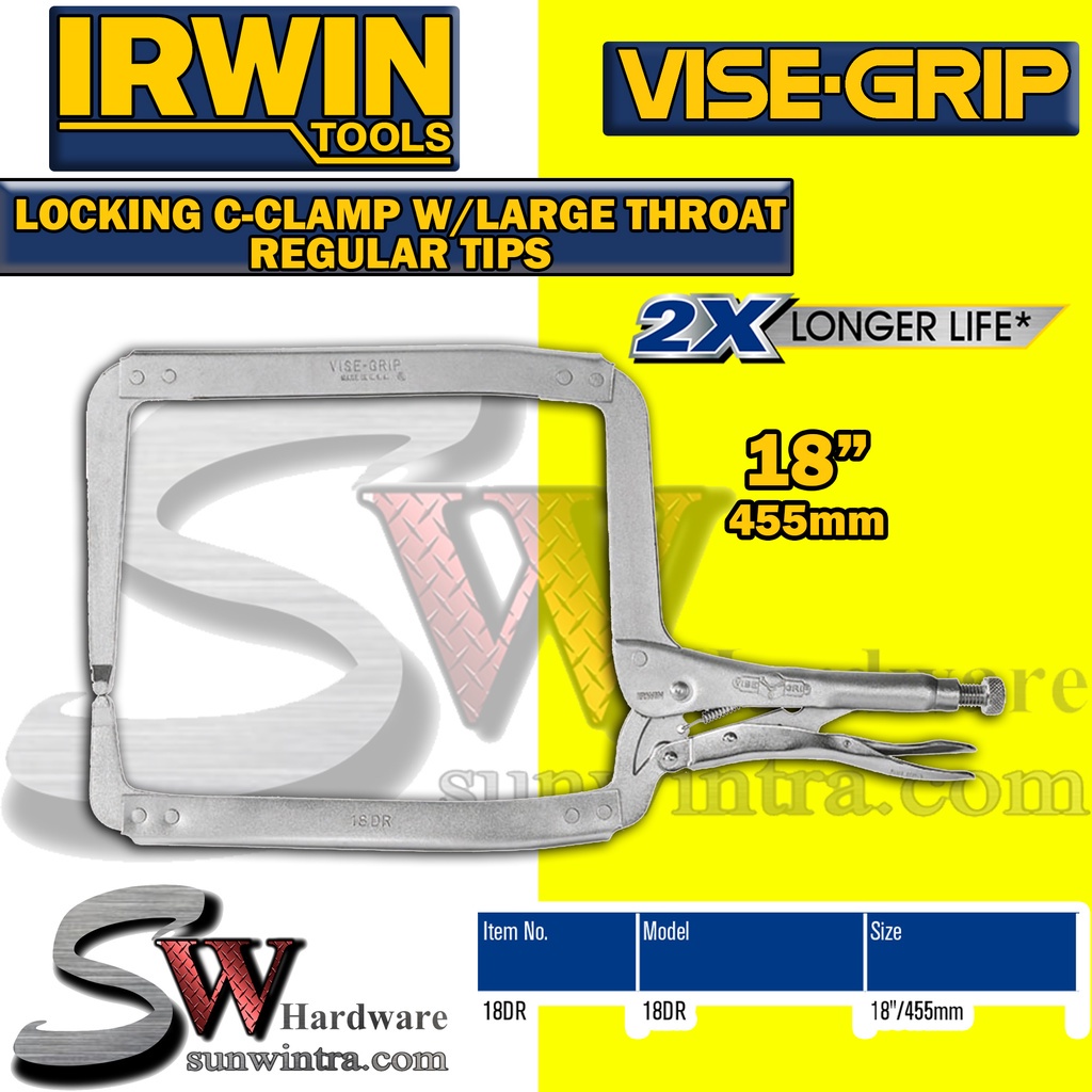 Irwin 18" / 455MM Locking C-Clamp พร้อมเคล็ดลับปกติคอขนาดใหญ่ 18DR