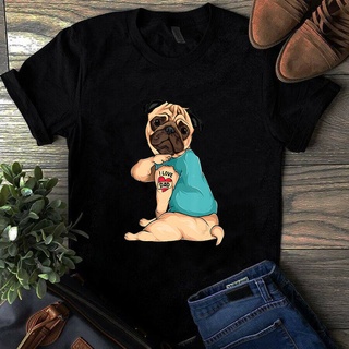 เสื้อยืด แบบนิ่ม พิมพ์ลาย I Love Dad Tattoo Pug Dog สําหรับผู้ชาย