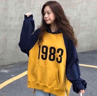 เสื้อฮู้ดสีทูโทน สเวตเตอร์กันหนาวมีฮู้ด สกรีน1983 สไตล์เกาหลี