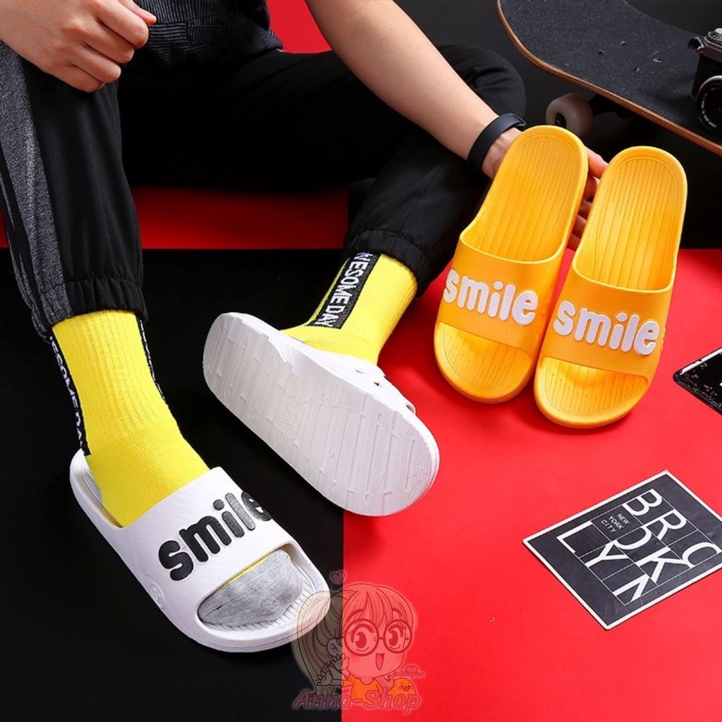 รองเท้าแตะสวม ยางนิ่ม 🍭สกีนลายนูนSmile🍭เท่ห์ดูดี ใสาสบาย พื้นกันลื่น ใส่ได้ทั้งชายหญิง T133