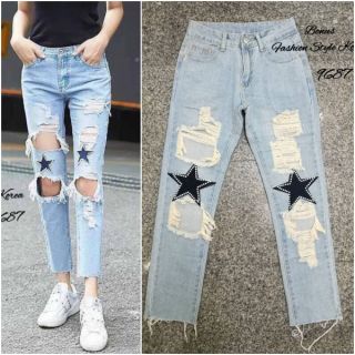 Jeans Style Korea กางเกงยีนส์แฟชั่น ขายาว ทรงบอย แต่งฟอกขาด เย็บดาวสีเข้ม