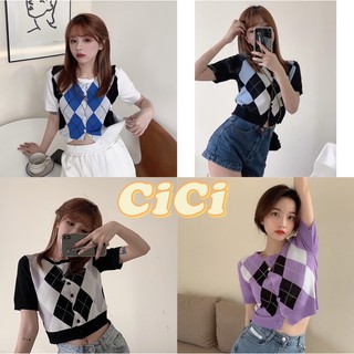 Cici(NO.7834)เสื้อไหมพรมแขนสั้น ลายกราฟฟิก คอกลม