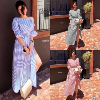 TwinsShopVip💗พร้อมส่ง TW10566 แม็กซี่เดรสแขนยาวลายริ้วสายเดี่ยวไหล่เดียว One shoulder striped long sleeve maxi