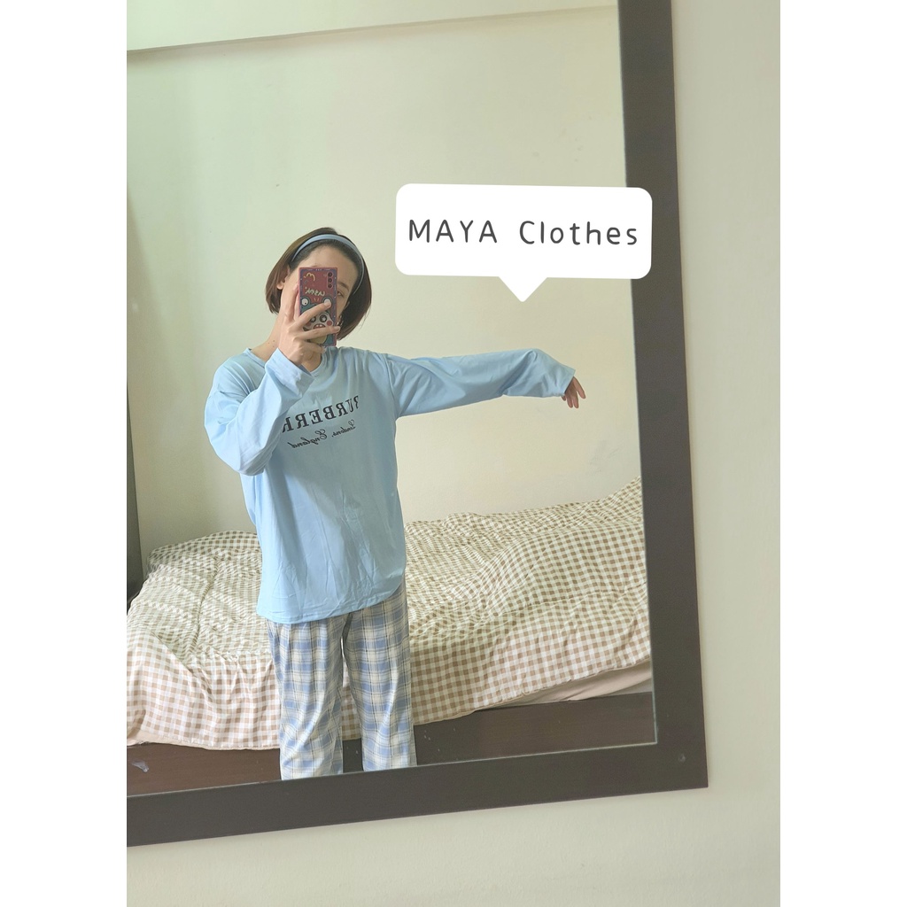 พร้อมส่ง❗ชุดนอนแขนยาว+ขายาว ลาย Berberry สีฟ้า