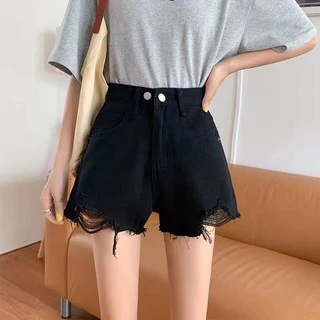 Swan shop แฟชั่นกางเกงยีนส์ขาสั้นเอวสูง ทรงสวยเข้ารูป ปลายรุ่ยขาดขาเล็กน้อย ผ้ายีนส์แท้ สั้นสวมใส่สบาย