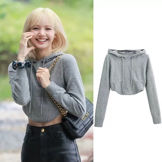 เสื้อกันหนาวแขนยาวเซ็กซี่ มีฮู้ด ผ้าถัก เอวสูง ลาย Blackpink Lisa สไตล์เรโทร