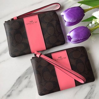 ✨Coach  Wristlet✨ F58035 คล้องมือ 1 ซิป s  ใบเล็กซิปเดียว หนังลาย​ c​ สี Brown Pink Lemonade ขนาด 6 นิ้ว