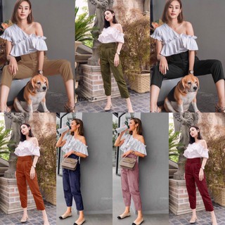 👗Pfashion [ส่งไว!!🚛] P11799 Set 3ชิ้น เสื้อไหล่เดี่ยว+กางเกง+เข็มขัด Set 3pcs Single shoulder top + trousers +