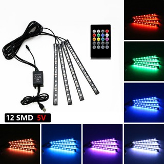 แถบไฟ Led 12V 5V RGB 5050 SMD กันน้ํา ควบคุมเพลง พร้อมรีโมต สําหรับตกแต่งภายในรถยนต์ 4 ชิ้น