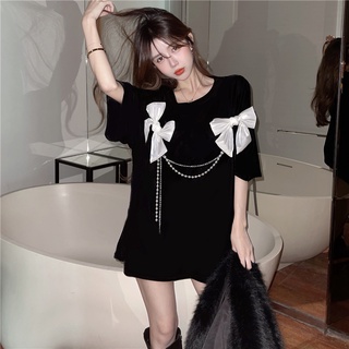 【พร้อมส่ง】เสื้อยืดแขนสั้น ประดับโบว์ ทรงหลวม สไตล์เกาหลี พลัสไซซ์ โอเวอร์ไซซ์ สําหรับผู้หญิง (40-150 กก.)