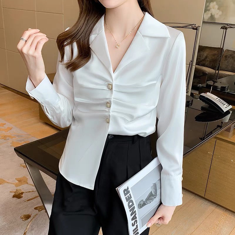เสื้อเชิ้ตผู้หญิงคอคิวบา ผู้หญิงออกแบบความรู้สึกเฉพาะช่วงฤดูร้อนปี 2025 ฤดูใบไม้ร่วงใหม่ความรู้สึกระดับไฮเอนด์ผ้าม่านเอว