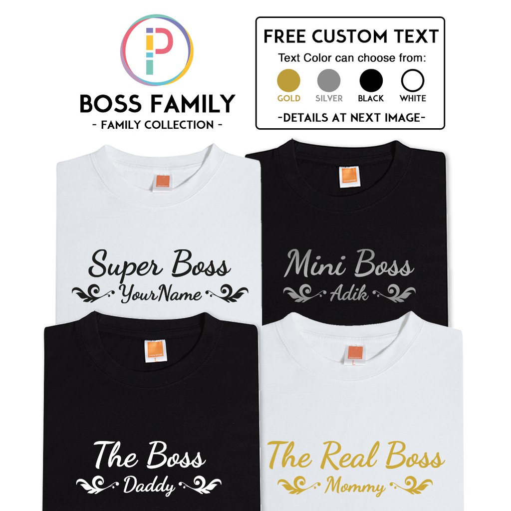 Boss Family The Boss The Real Boss Super Boss Mini Boss Couple Family Keluarga เสื้อยืด Baju ข้อความ