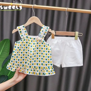 Baby sweety ส่งเร็ว พร้อมส่ง ♥ ชุดเซ็ตเสื้อ+กางเกง เด็กผู้หญิง แขนสั้นรูปหัวใจ ผ้าฝ้าย 1-4 ขวบ ใส่สบาย เสื้อผ้าเด็กผญ