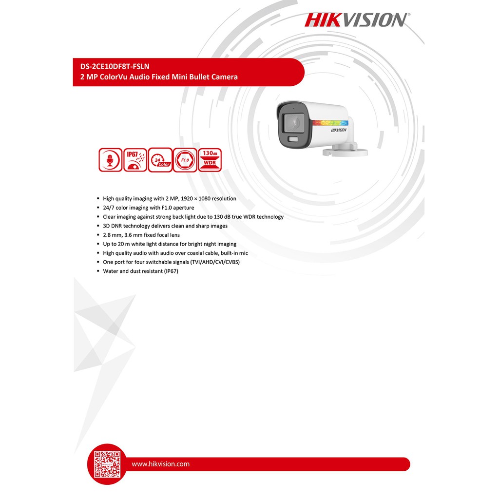 HIKVISION กล้องวงจรปิด 4 ระบบ 2 MP DS-2CE10DF8T-FSLN (2.8mm) COLORVU, มีไมค์ในตัว, ย้อนแสงได้ BY BILLIONAIRE SECURETECH