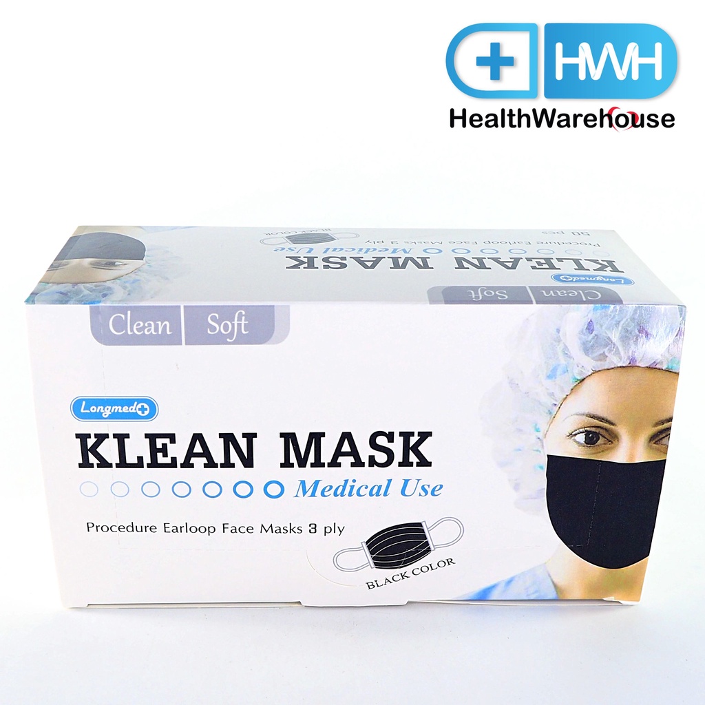 หน้ากากอนามัย Klean Mask Longmed สีดำ (50ชิ้น/กล่อง) Surgical Mask กระดาษปิดจมูก