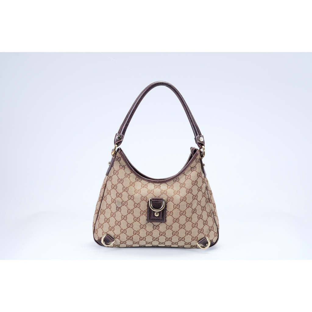 (มือ2)GUCCI - Brown Leather GG Supreme Canvas Shoulder Bag