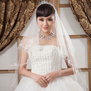 เวลเจ้าสาวปลายโบว์ - 1.5M Ribbon Edge White Without Comb Bridal Veil